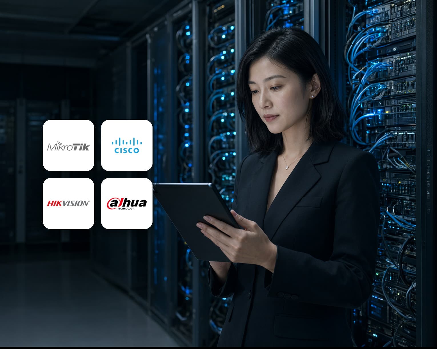 A woman using a tablet in a server room, beside MikroTik, Cisco, Hikvision and Dahua logos