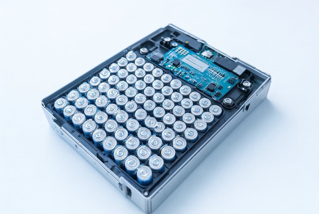 Open battery pack showing cells spot-welded to a battery management board